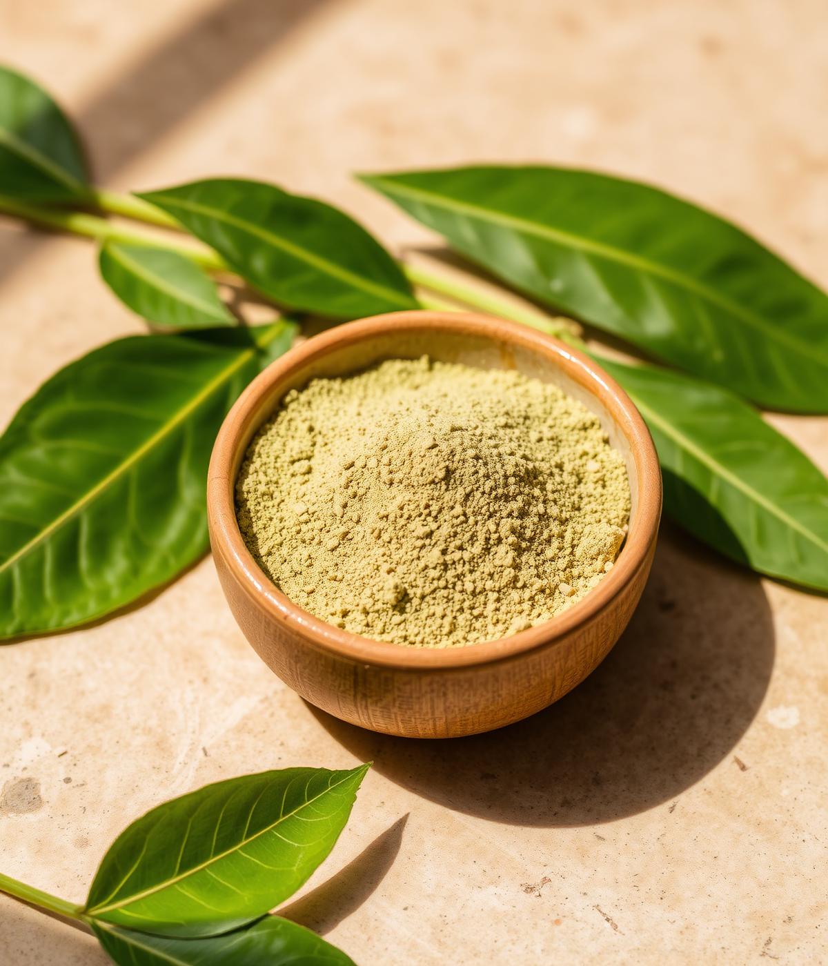 Feuilles de moringa et poudre dans un bol en bois